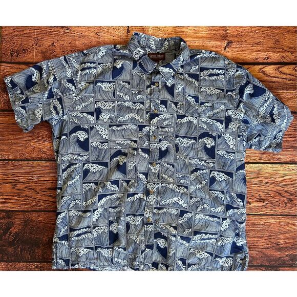Vintage Blue & White Wave Pattern Hawaiian Shirt, Size Medium, Island Style Shir - Picture 1 of 15